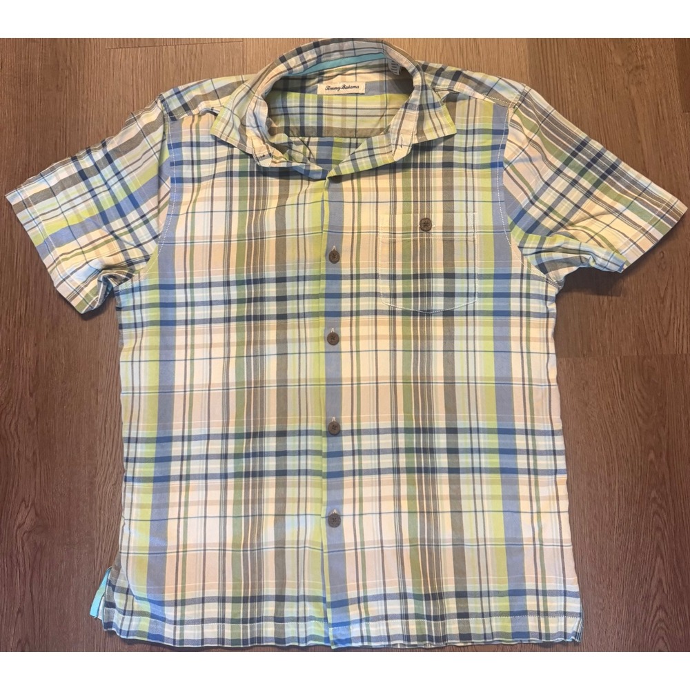 Tommy Bahama Mens Medium Blue Green Plaid Short Sleeve Button Down Shirt